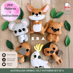 May include: A set of six felt Australian animal plush patterns including a koala, kangaroo, quokka, platypus, cockatoo, and emu. The image includes text reading PDF Patterns + Instructions, Instant Download, Print at Home, and Australian Animal Felt Patterns Set of 6.