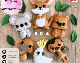 Australian animals felt set of 6 PDF Patterns. DIY felt toys, Kangaroo, koala, cockatoo, emu...Aussie cute animals pattern.  Great DIY gift.