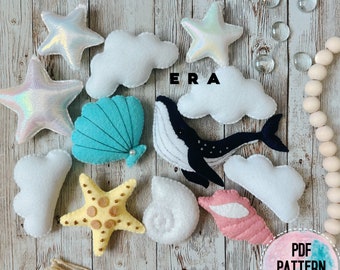 Whale sea animals set PDF Pattern. DIY felt softy toys, ornament, baby mobile, garland. Easy sewing pattern. Great DIY gifts set.