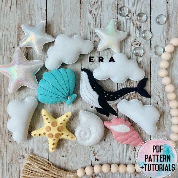 Whale sea animals set PDF Pattern. DIY felt softy toys, ornament, baby mobile, garland. Easy sewing pattern. Great DIY gifts set.