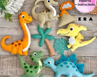 Dinosaurs felt set of 8 PDF Patterns. DIY felt toy dinosaurs, mountain, leaf, tree. Animals pattern. Easy sewing pattern. Great DIY gift.