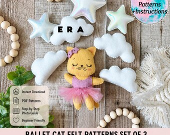 Ballerina Cat set PDF Pattern with instructions. DIY felt craft softy plushie ballerina animal. Great DIY gift/ baby mobile/ garland.