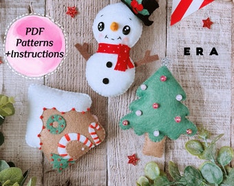 Christmas set PDF Pattern. DIY felt sewing softy toys snowman, gingerbread house, Christmas tree. DIY ornaments/ garland/ decorations.