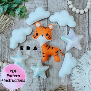 PDF Pattern Tiger set. Easy cute felt pattern with instructions. Jungle animal, Safari. DIY toys, baby mobile crib, garland, ornament.