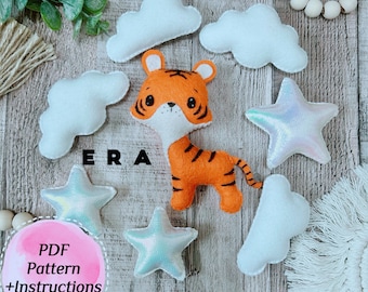 PDF Pattern Tiger set. Easy cute felt pattern with instructions. Jungle animal, Safari. DIY toys, baby mobile crib, garland, ornament.