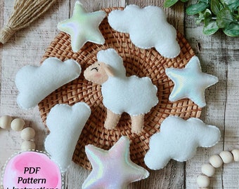 Sheep set felt PDF Pattern. Easy sewing farm animal pattern with instructions. DIY felt toys, baby mobile, garland, nursery decor...