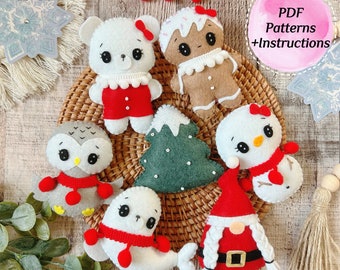 Christmas set PDF Patterns. DIY felt hand sewing toys, decoration, ornament, garland for Christmas. Gnome/ gingerbread/ owl/ bear/seal...