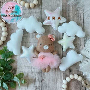 Ballerina bear set PDF Pattern. Hand sewing felt toy. DIY softy plushie cute bear, cloud, star. Great DIY gift/ baby mobile/ garland/nursery