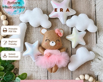 Ballerina Bear Set PDF Pattern. Hand Sewing Pattern. DIY Felt Toys Softy Plushie Bear, Cloud, Star. Great DIY Gifts/ Mobile Nursery Toys.