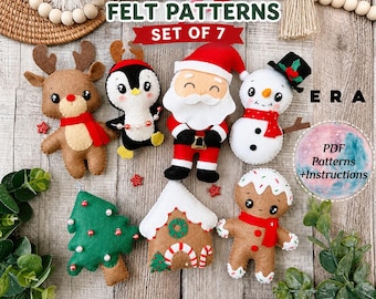 May include: A set of seven Christmas felt patterns featuring a reindeer, penguin, Santa Claus, snowman, Christmas tree, gingerbread house, and gingerbread person. The text reads CHRISTMAS FELT PATTERNS SET OF 7 and PDF Patterns +Instructions.