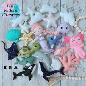 PDF Patterns sea animals whole set. DIY felt sewing softy toys, ornament, garland, baby mobile crib, nursery. Great DIY hand sewing gift set