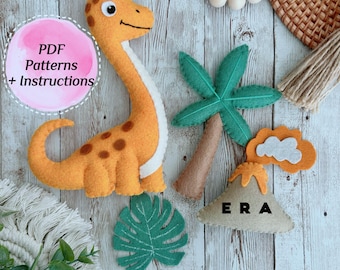 Dinosaur felt set sewing PDF pattern. DIY felt toys. Brachiosaurus, mountain, tree, leaf patterns. Felt animal. Nursery pattern. DIY gift.