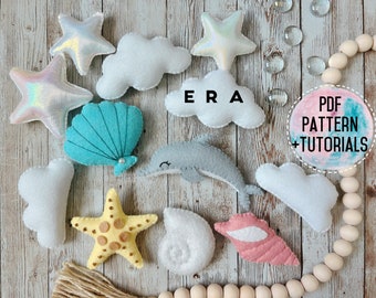Sea animals and dolphin felt set PDF Patterns. Easy DIY felt sewing softy toy, baby mobile, garland, ornament, nursery. Great DIY gift.