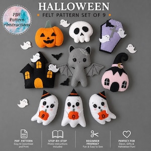Set di Halloween in feltro: modello PDF e istruzioni. Giocattoli facili da cucire fai da te: fantasmi, zucche, pipistrelli. Giocattoli di Halloween fai da te, ghirlande, decorazioni, regali.