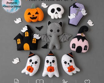Halloween set felt PDF Pattern and instructions. Easy sewing toys DIY ghosts, pumpkin, bat. DIY Halloween toys, garland, decoration, gift.