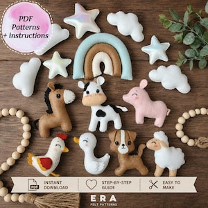 May include: A collection of felt craft patterns including a rainbow, clouds, stars, and animals like a horse, cow, pig, chicken, duck, dog, and sheep. The image features text stating PDF Patterns + Instructions and Instant Download.
