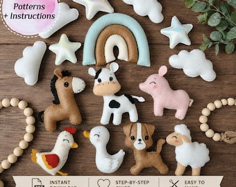 May include: A collection of felt craft patterns including a rainbow, clouds, stars, and animals like a horse, cow, pig, chicken, duck, dog, and sheep. The image features text stating PDF Patterns + Instructions and Instant Download.