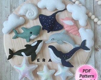 Animales marinos sintieron conjunto de 9 patrones PDF. DIY fieltro costura juguete ballena, tiburón, delfín, orca, raya, caracoles, nube, estrella. Costura fácil.