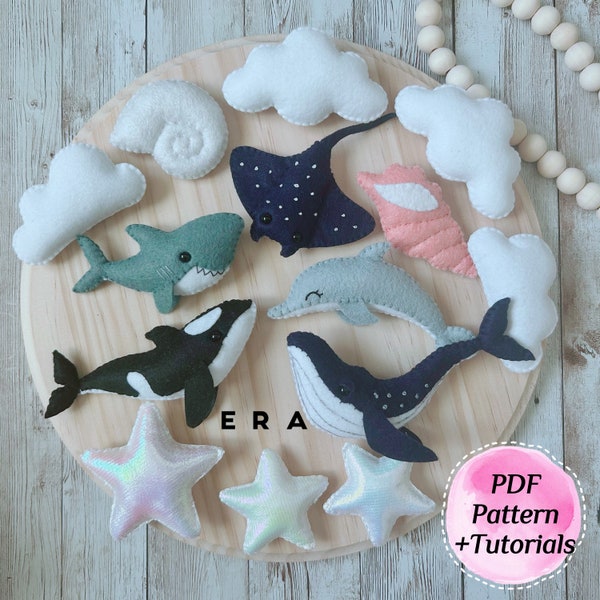 Animales marinos sintieron conjunto de 9 patrones PDF. DIY fieltro costura juguete ballena, tiburón, delfín, orca, raya, caracoles, nube, estrella. Costura fácil.