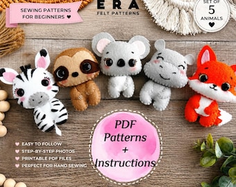 Felt Animal Sewing Pattern PDF Bundle | Set of 5 Cute Felt Animals | Printable Hand Sewing Template | DIY Felt Toy Pattern | Nursery Decor |