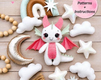Dragon Set PDF Pattern. Stuffed Animal Pattern. Cute Dragon Plush. DIY Felt Toys Dragon/ Rainbow/ Moon/ Sparkle/ Cloud/ Star. Great DIY Gift