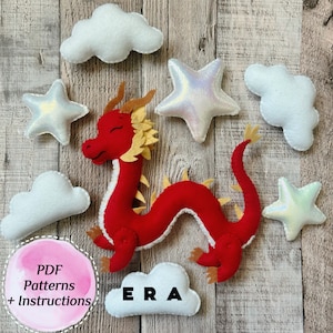 Eastern dragon PDF Pattern and instructions. Chinese dragon pattern. Animal pattern. DIY felt toys, baby mobile, garland, decor, ornaments..