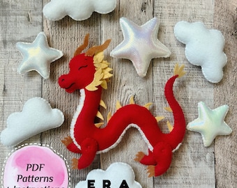 Eastern dragon PDF Pattern and instructions. Chinese dragon pattern. Animal pattern. DIY felt toys, baby mobile, garland, decor, ornaments..