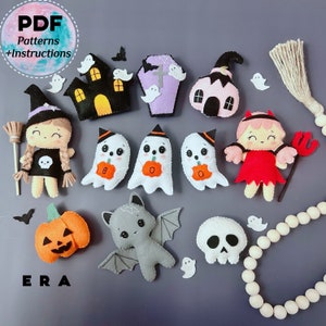 Halloween set felt PDF Patterns. Cute DIY Halloween bundle witch, devil girl, pumpkin, haunted house, ghost. DIY garland/ Halloween decor.