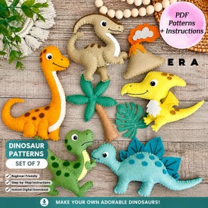 Puede incluir: Un conjunto de siete patrones de dinosaurios de fieltro que incluye un dinosaurio naranja de cuello largo, un dinosaurio beige, un pterodáctilo amarillo, un dinosaurio verde, un estegosaurio azul, una palmera y un volcán. El texto dice PDF Patterns + Instructions.