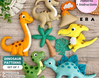 May include: A set of seven felt dinosaur patterns including a long-necked orange dinosaur, a tan dinosaur, a yellow pterodactyl, a green dinosaur, a blue stegosaurus, a palm tree, and a volcano. Text reads PDF Patterns + Instructions.