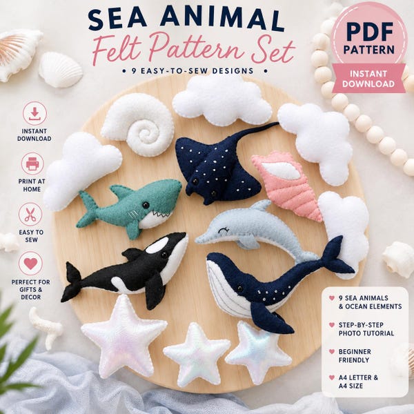 Conjunto de 9 figuras de animales marinos de fieltro con patrón en PDF. Juguetes de fieltro para coser: ballena, tiburón, delfín, orca, raya, caracoles, nube y estrella. Fácil de coser.