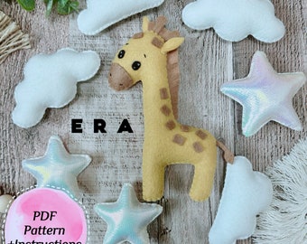 PDF Pattern Giraffe, star, cloud. DIY felt toys, baby mobile, nursery decor, ornament, garland. Easy sewing pattern. Jungle, Safari animal.