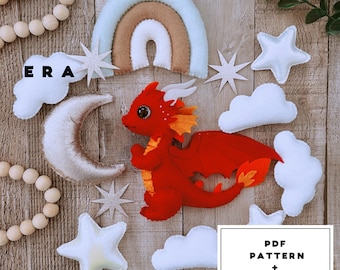 Red dragon set PDF Pattern and instructions. Stuffed Animal pattern. DIY felt toys, garland, dragon, rainbow, moon, sparkle, cloud, star.