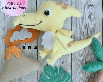 Dinosaur Pterodactyl felt set sewing PDF pattern. DIY felt toys dinosaur, mountain, tree, leaf. Felt animal. Easy pattern. Nursery pattern.