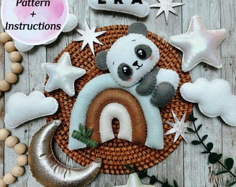 Baby Panda on the Rainbow set PDF Patterns and Instruction. DIY felt toys panda, rainbow, star, cloud, moon, sparkle. Cute Felt Pattern.