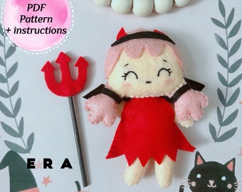 PDF Pattern: Cute Halloween doll with devil costume felt doll. DIY felt softy toy for Halloween/ ornament/ decoration. Great DIY gift.