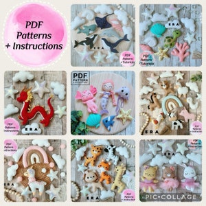 Può includere: Un collage di sei immagini che mostrano modelli di animali e personaggi in feltro per cucire. Ogni immagine presenta un tema diverso, tra cui un drago, una sirena, un animale da fattoria, un animale della giungla, un unicorno e un gatto. Le immagini includono il testo "PDF Pattern & Instructions" e "ERA".