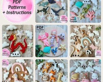 Felt sewing PDF Patterns bundle. Animal Patterns. Sea animals, dragon, ballerina...DIY felt toys, baby mobile, garland, ornament, gift...