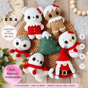 Può includere: Un set di sette decorazioni natalizie in feltro tra cui un orso bianco, un omino di pan di zenzero, un gufo, un albero verde, un pupazzo di neve, una foca e uno gnomo. L'immagine include testo come ERA, CHRISTMAS FELT PATTERNS SET OF 7.