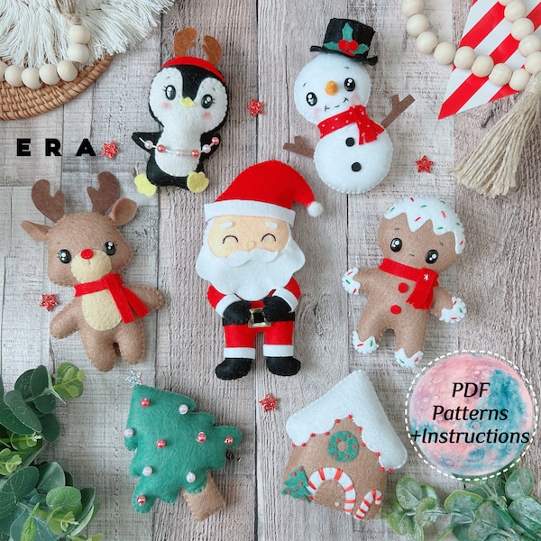 Christmas set PDF Pattern. Felt sewing patterns. DIY felt toys/ ornaments/ garland/ wreath/ decorations. #Santa #reindeer #snowman...