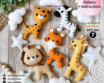 PDF Felt Pattern Jungle Animals Set. Safari Animals Sewing Pattern. DIY Felt Plush/ Mobile Toys: Tiger, Leopard, Lion, Giraffe, Zebra...