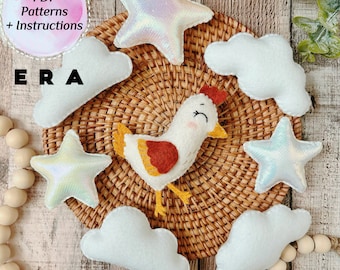 Chicken, cloud, star felt PDF Pattern. Easy sewing farm animal pattern. DIY felt toys, baby mobile, garland, nursery decor...