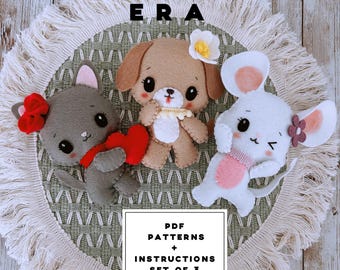 Cute Animals Felt Pattern PDF Set of 3. Dog/ Cat/ Mouse Sewing Pattern, Felt Animal Plush Template. DIY Toys/ Keychain/Mobile Nursery...