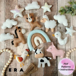 Farm animals set felt PDF Patterns. DIY felt sewing toys, baby mobile, garland... Easy pattern cow, pig, sheep, horse, chicken, rainbow...