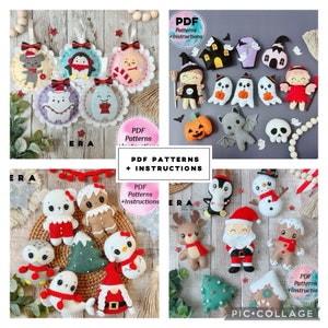 Op de afbeelding: Een verzameling vilten ornamenten voor verschillende feestdagen, waaronder Kerstmis, Halloween en winter. De ornamenten zijn kleurrijk en hebben verschillende ontwerpen, zoals pinguïns, peperkoekmannetjes, geesten en pompoenen. De afbeelding bevat de tekst "PDF Patterns + Instructions".