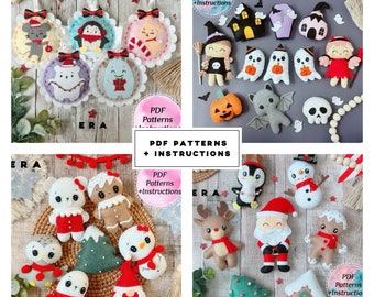 Felt sewing PDF Patterns bundle. Christmas and Halloween Pattern. DIY felt toys, baby mobile, garland, ornament, gift...