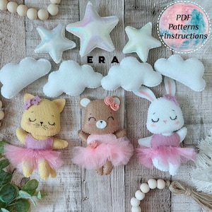 Ballerina animals set felt PDF Pattern and instructions. DIY felt hand sewing toys. Great DIY gift. Cute Ballerina bunny/ cat/ bear.