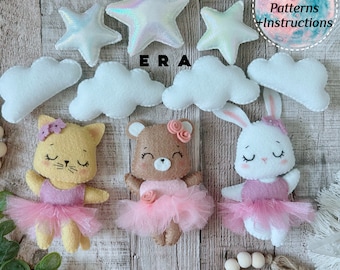 Ballerina animals set felt PDF Pattern and instructions. DIY felt hand sewing toys. Great DIY gift. Cute Ballerina bunny/ cat/ bear.