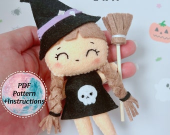 Halloween cute witch PDF Pattern with instruction. DIY felt softy toys for Halloween decorations, ornament. Great DIY gift.