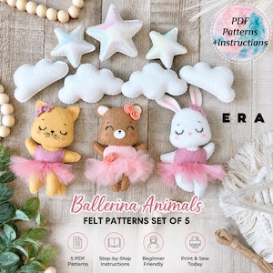 Può includere: Un set di modelli in feltro con un gatto giallo, un orso marrone e un coniglio bianco, ognuno con un tutù rosa. Include nuvole in feltro bianco, stelle iridescenti e il testo Ballerina Animals FELT PATTERNS SET OF 5 PDF Patterns +Instructions.